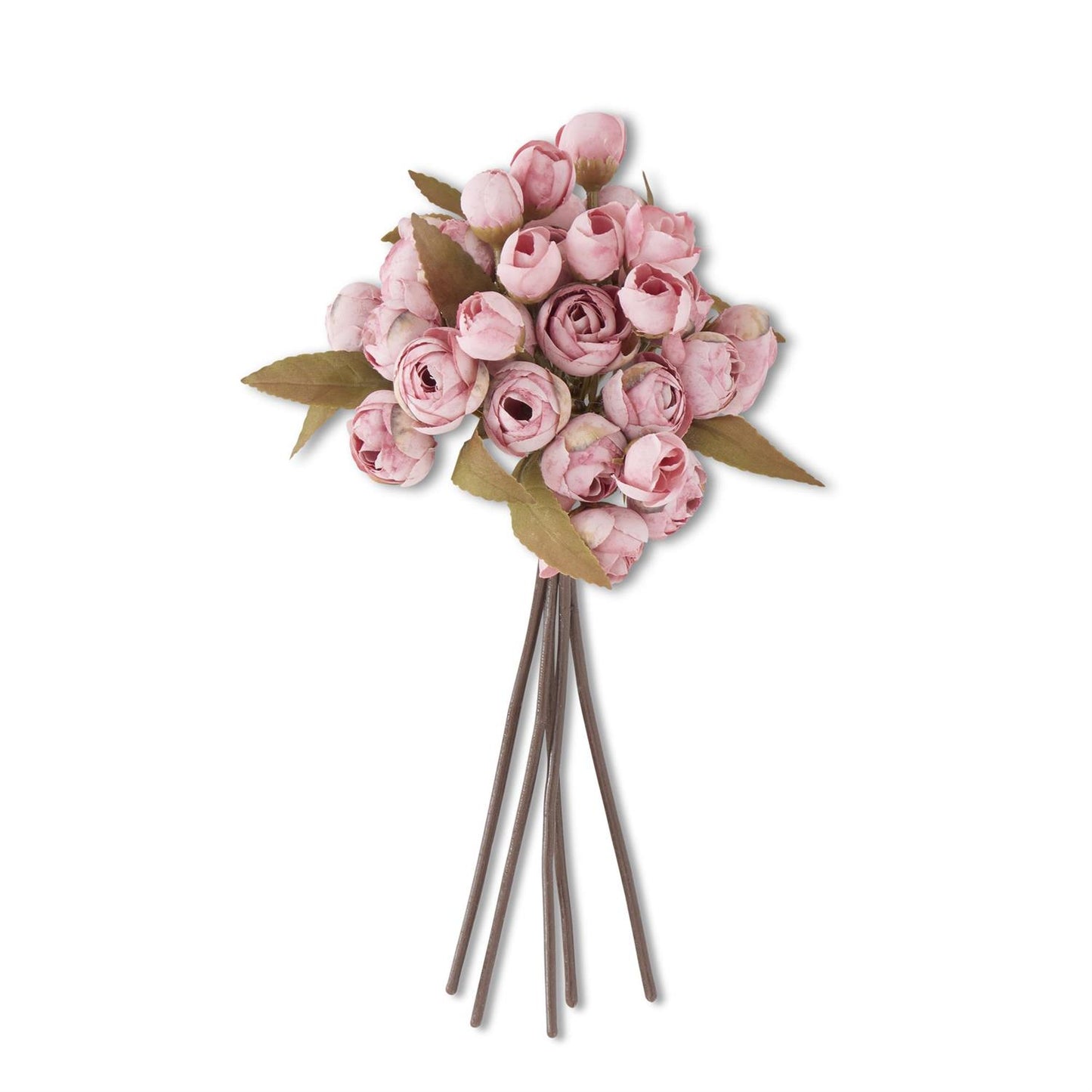 10.5 inch pink mini ranunculus bud bundle with 5 faux stems featuring soft pink blooms and green leaves"