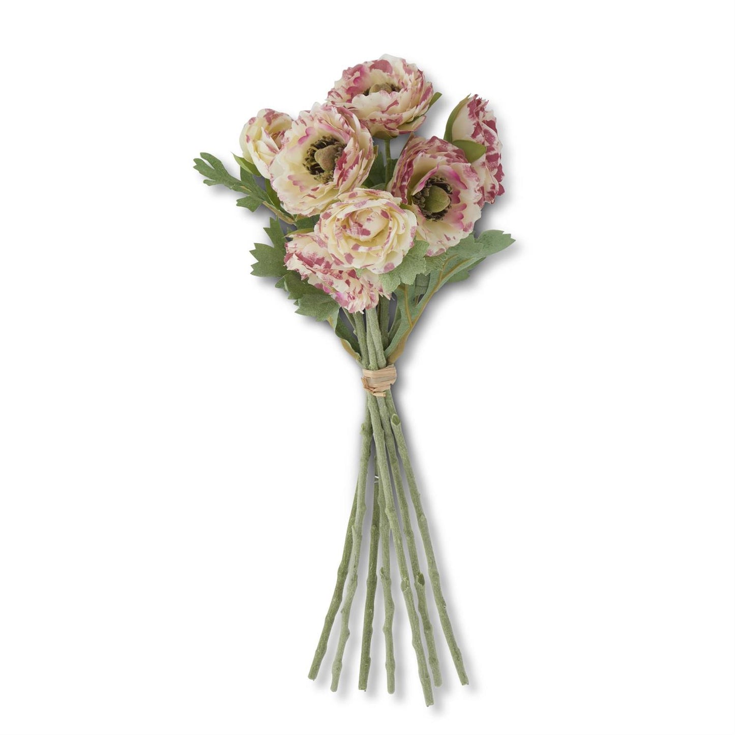 White w/Pink Ranunculus Bundle w/Flocked Stem (7 Stems) 12 Inch
