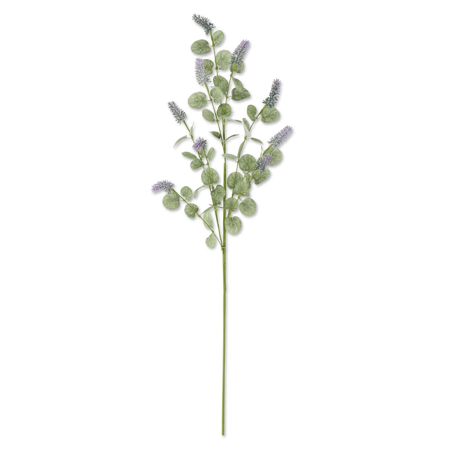 35 inch faux purple lavender stem with eucalyptus leaves, shown upright against a neutral background"
