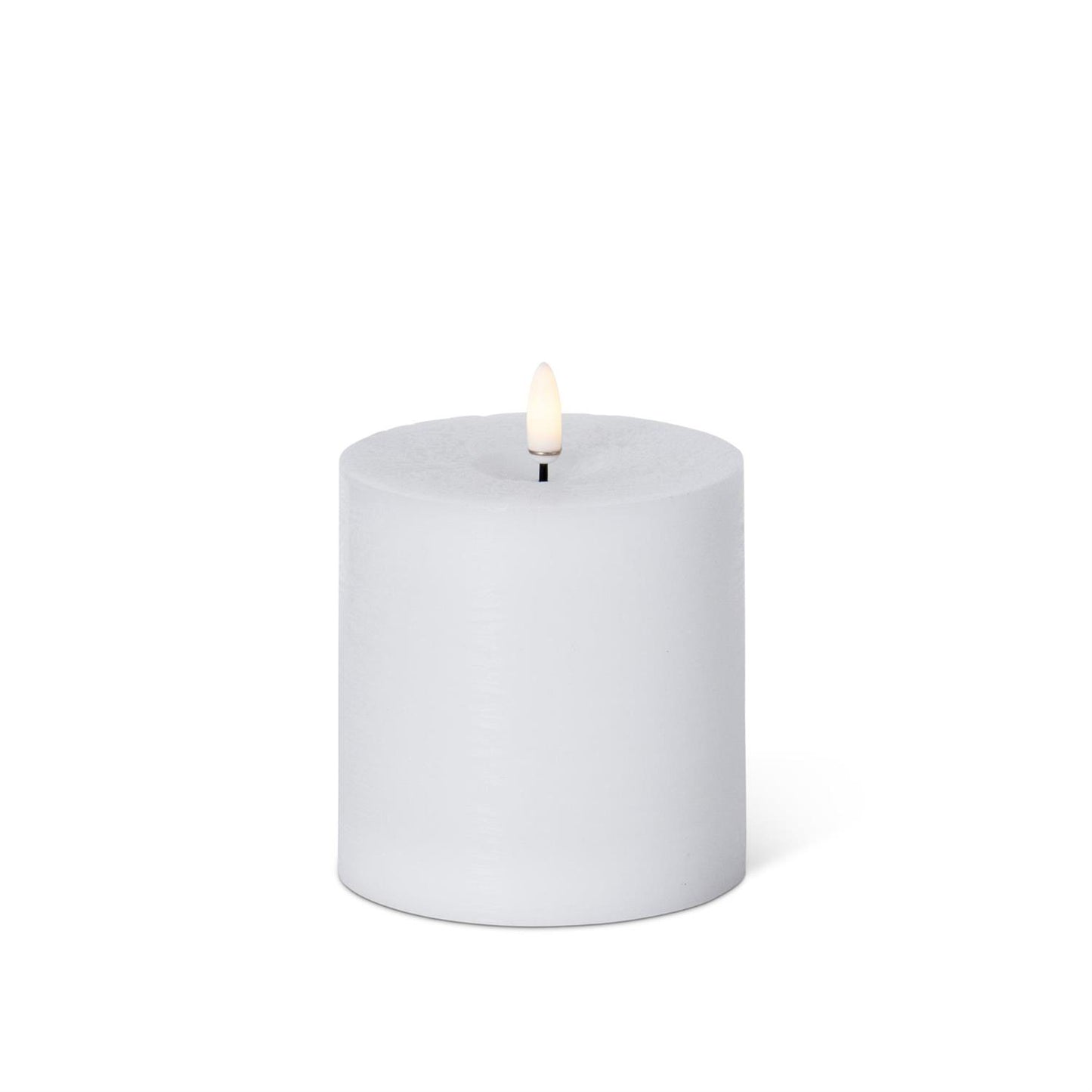 White touch LED pillar candle with timer, 4 by 4 inch size, featuring a realistic wax finish and warm flameless flickering light for safe and elegant home decor"