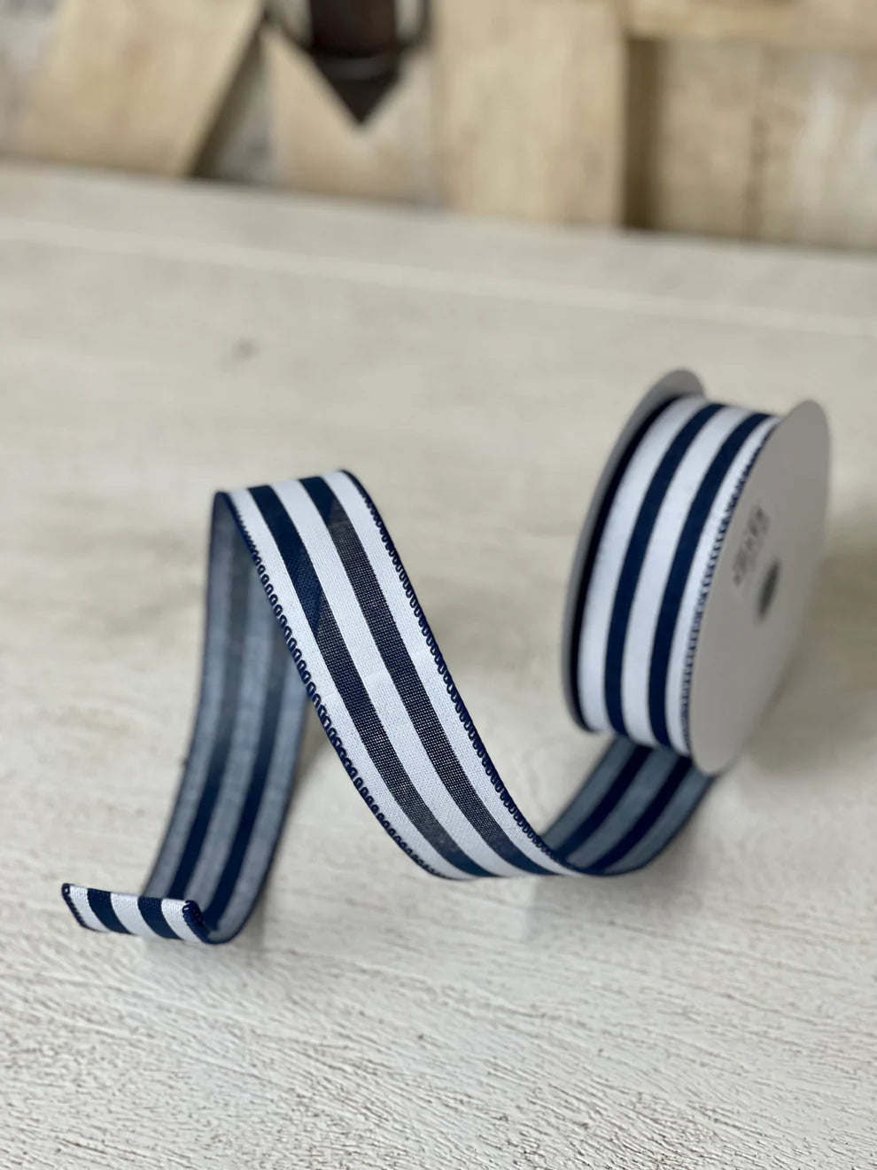 1.5 Inch By 10 Yard Navy And White Cabana Striped Ribbon