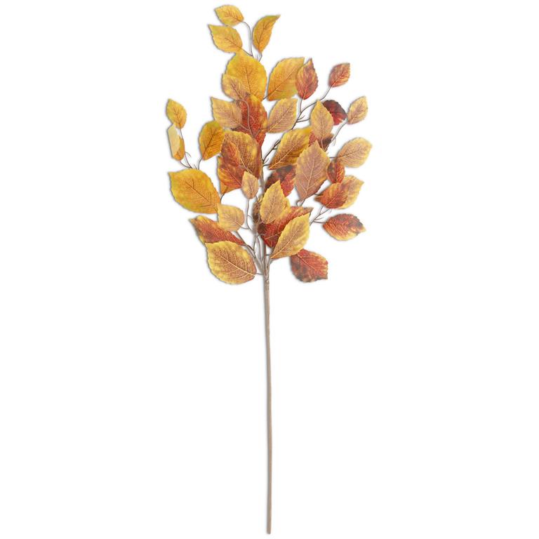 34-inch faux birch leaves stem with golden yellow and rust autumn foliage on a white background