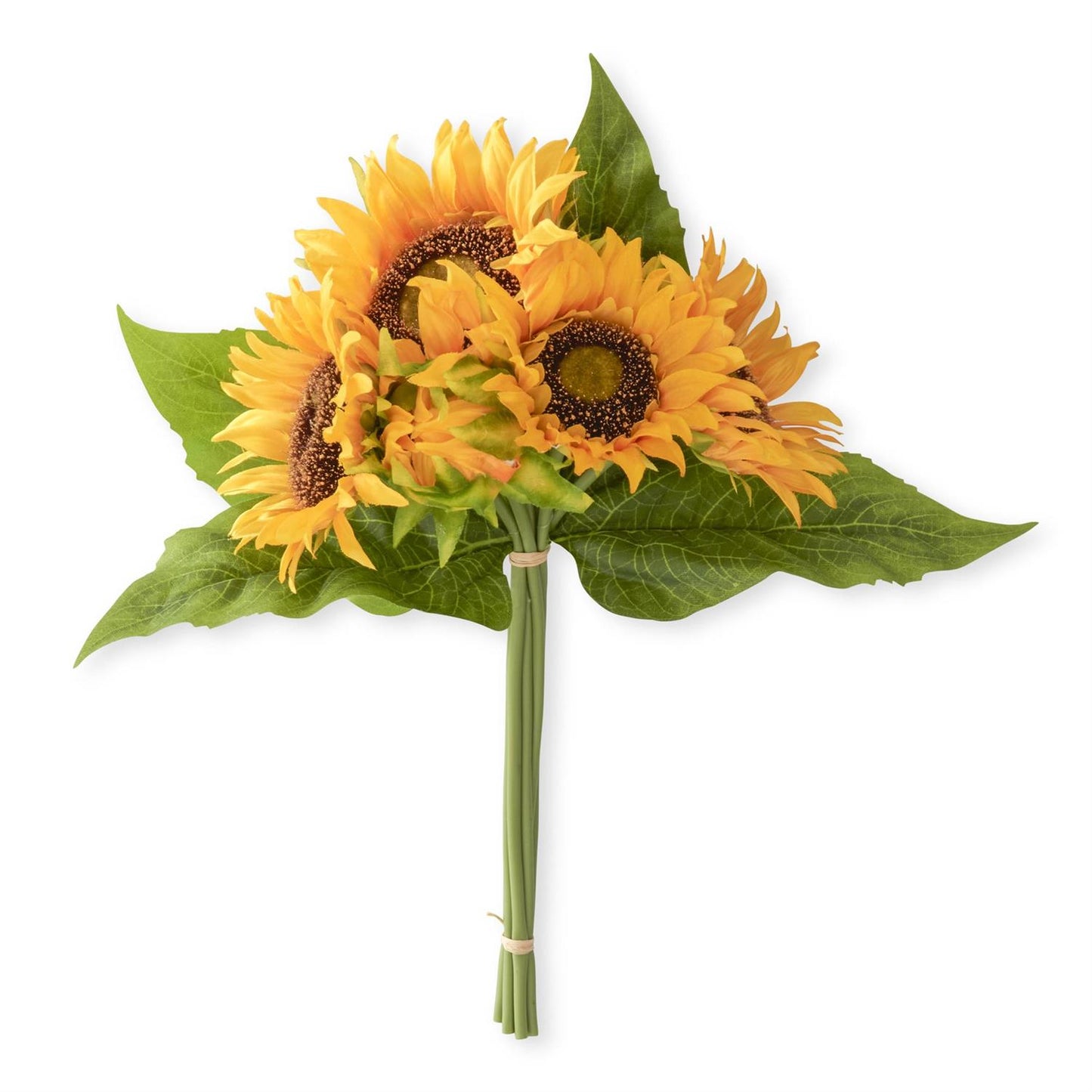 14 inch faux yellow sunflower bundle with 6 stems featuring bold yellow blooms and green leaves"