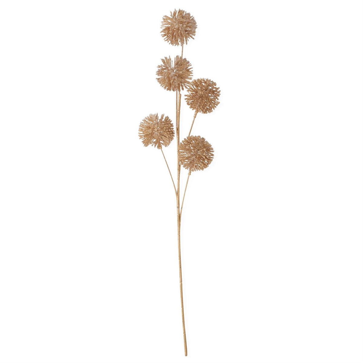 26-inch gold glittered ball stem with five textured, spiky gold balls on slender branches.”