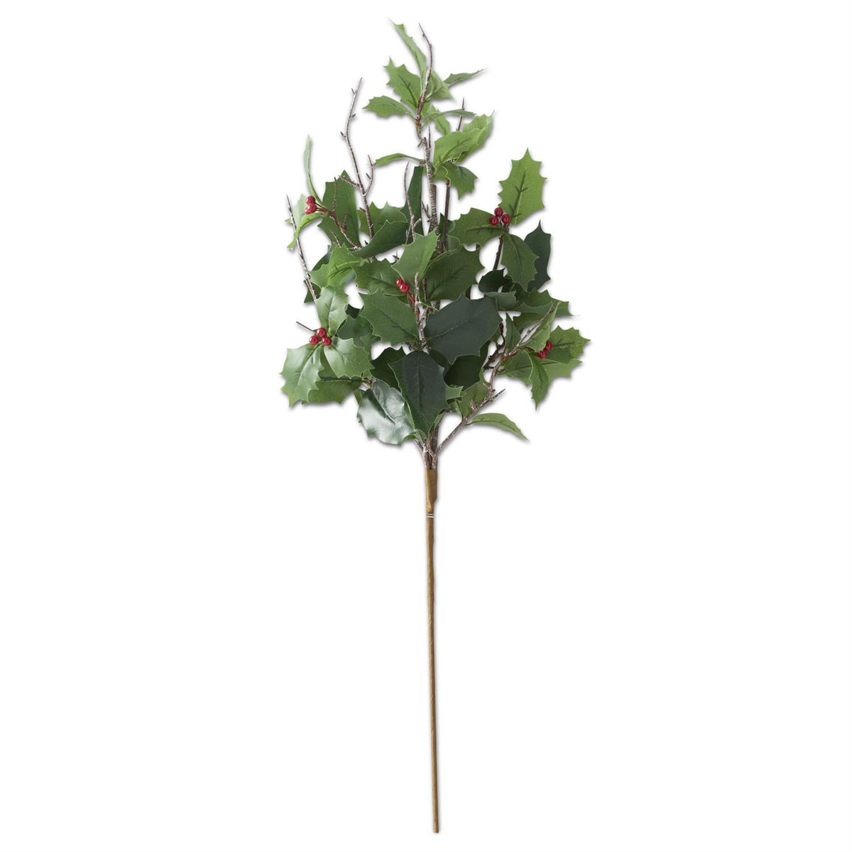 29.5-inch green holly branch with pointed leaves and red berry accents.