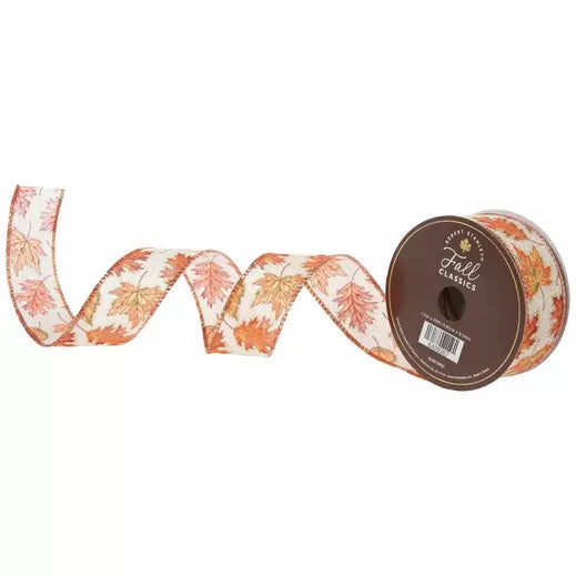 Glitter Leaves Wired Edge Ribbon 1 1/2 "