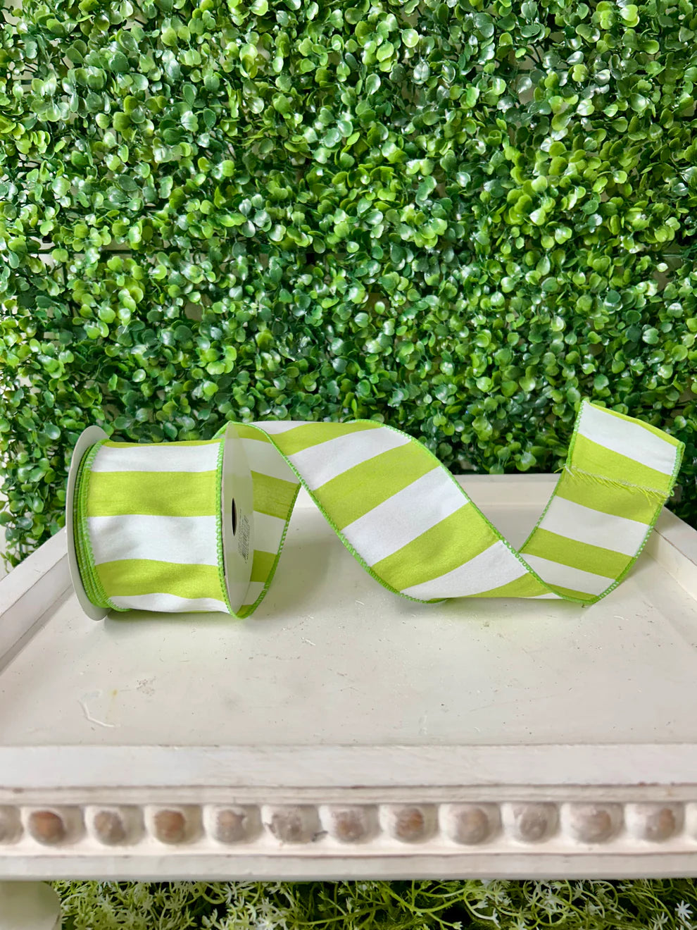 2.5 Inch By 10 Yard Light Green And White Dupioni Horizontal Stripe Ribbon