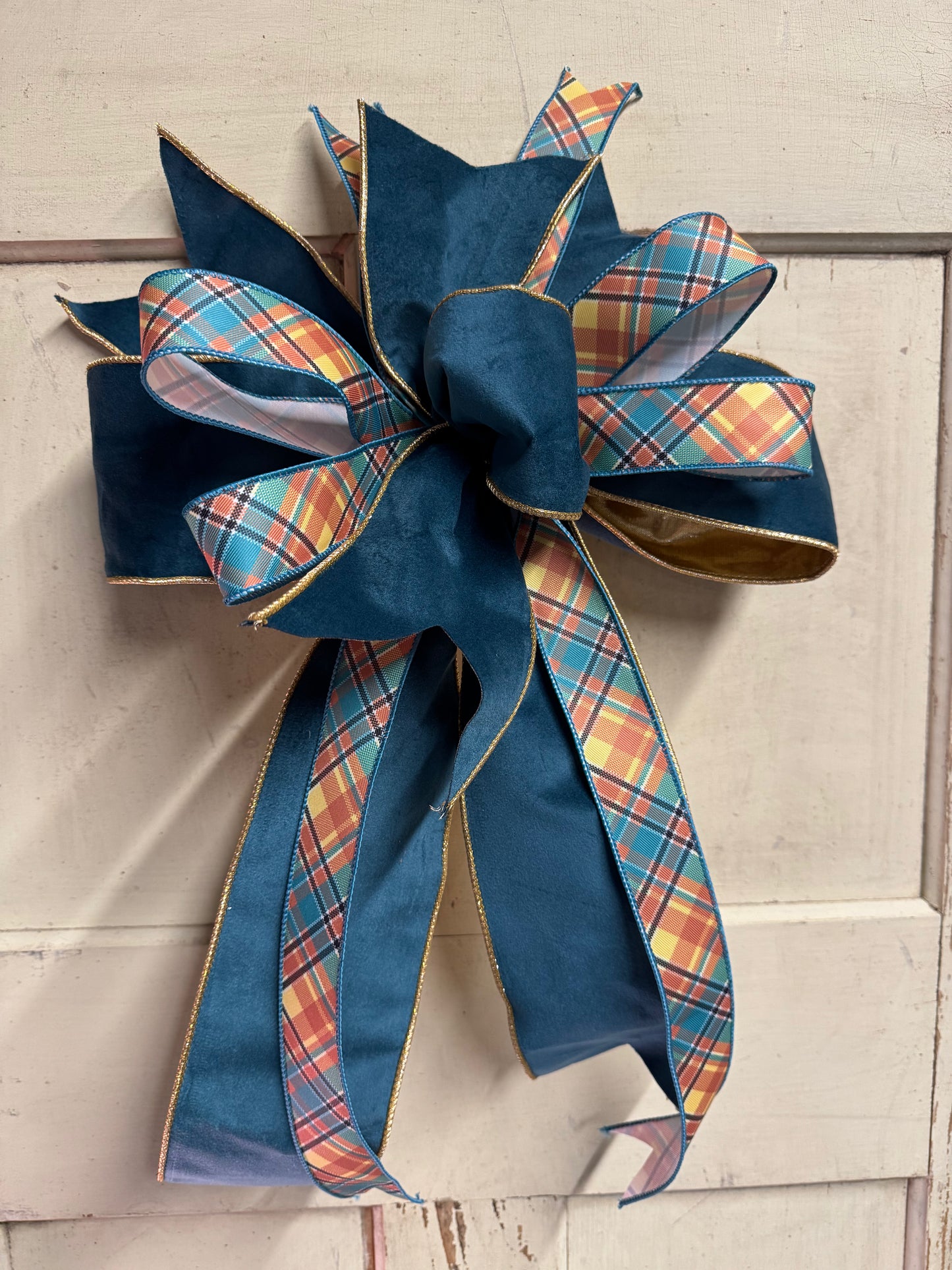 Teal Harvest Fall Bow – Teal Velvet, Gold & Autumn Plaid