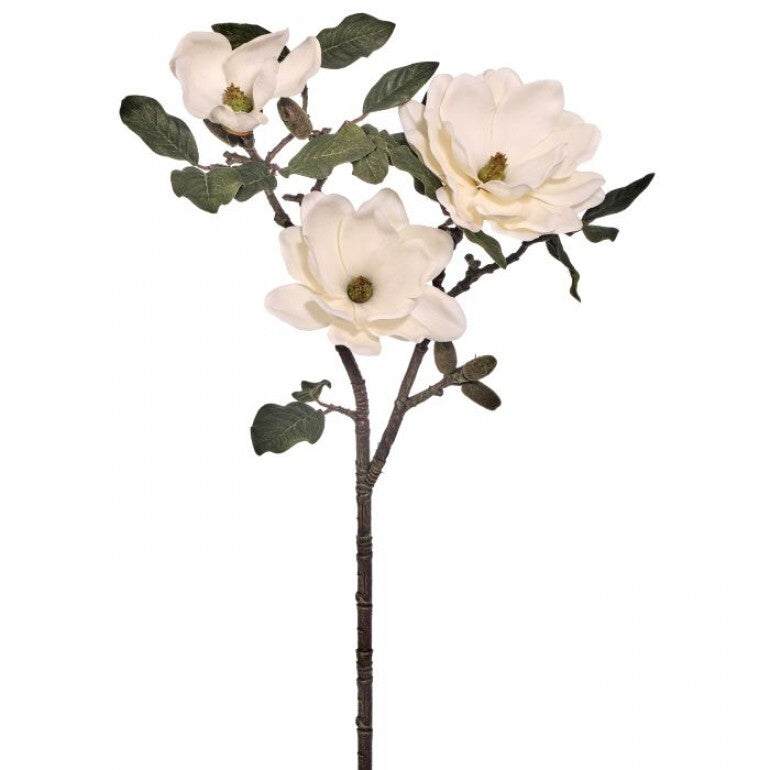 Artificial flower branch with white flowers and green leaves on a white background