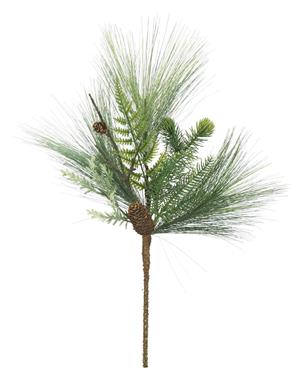 Green long needle pine pick with mixed evergreen sprigs and brown pinecones.”