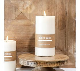 8 inch wide LED pillar candle with a realistic wax finish and warm flickering light, perfect for safe flameless ambiance in home decor and centerpieces"
