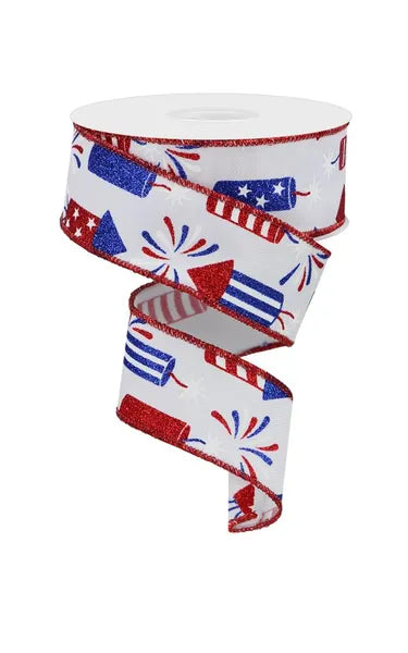 Bold firecrackers ribbon with red, white, and blue bursts on white. Wired edges for perfect bows. Ideal for Fourth of July wreaths and patriotic displays. 1.5" x 10 yards.