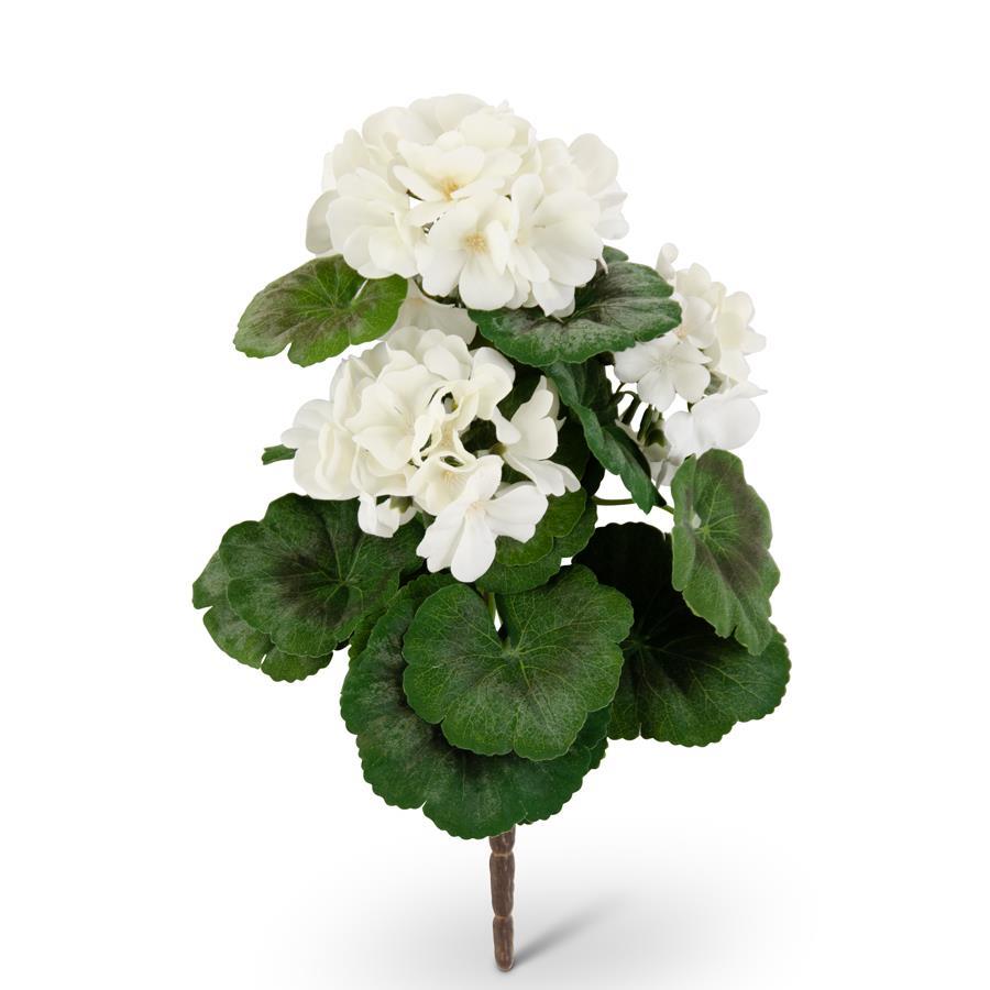 15 inch white geranium bush with realistic faux white geranium blooms and green leaves"