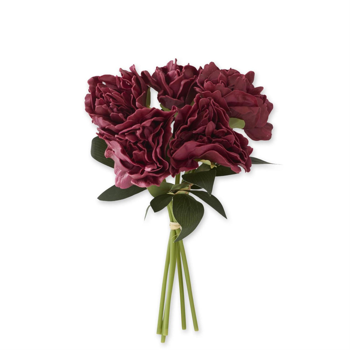 Bundle of 5 burgundy real-touch peony stems with green foliage