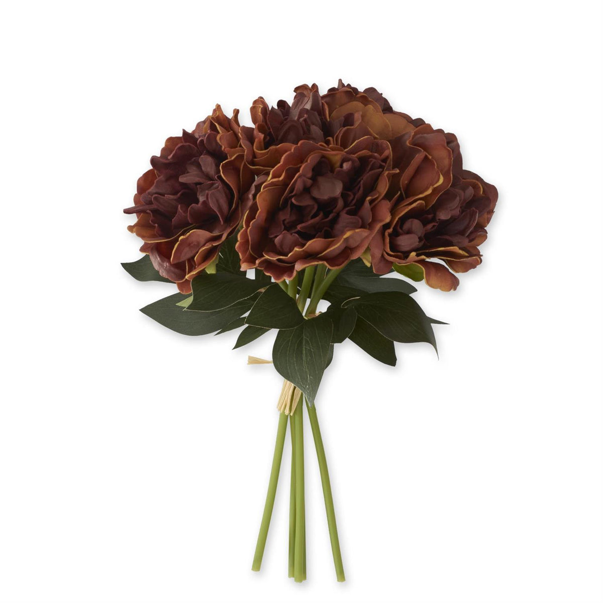 Bundle of 5 burgundy and yellow real-touch peony stems with green foliage