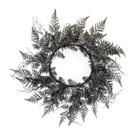 22-inch round fern wreath with lush layered dark green plastic fern fronds on a white background