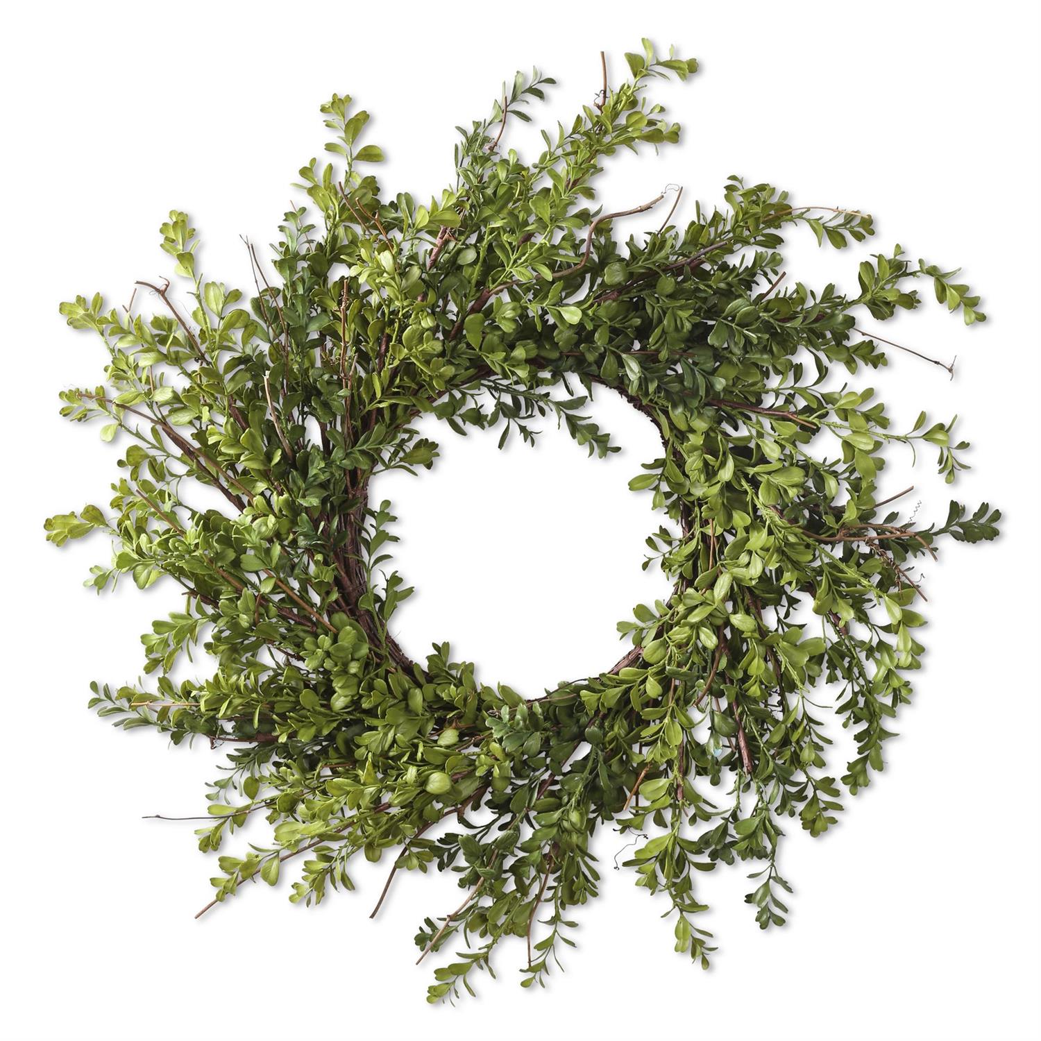 24 inch real touch boxwood wreath with lush faux boxwood leaves on a natural twig base