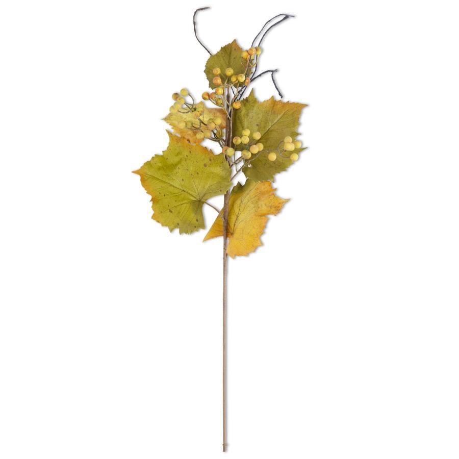  27" faux grape leaves stem with twig and berries captures the wild, organic beauty of fall foliage at its peak. 