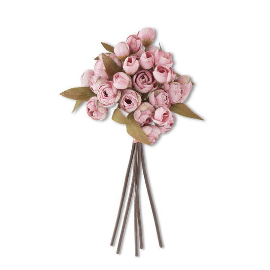 10.5 inch pink mini ranunculus bud bundle with 5 faux stems featuring soft pink blooms and green leaves"