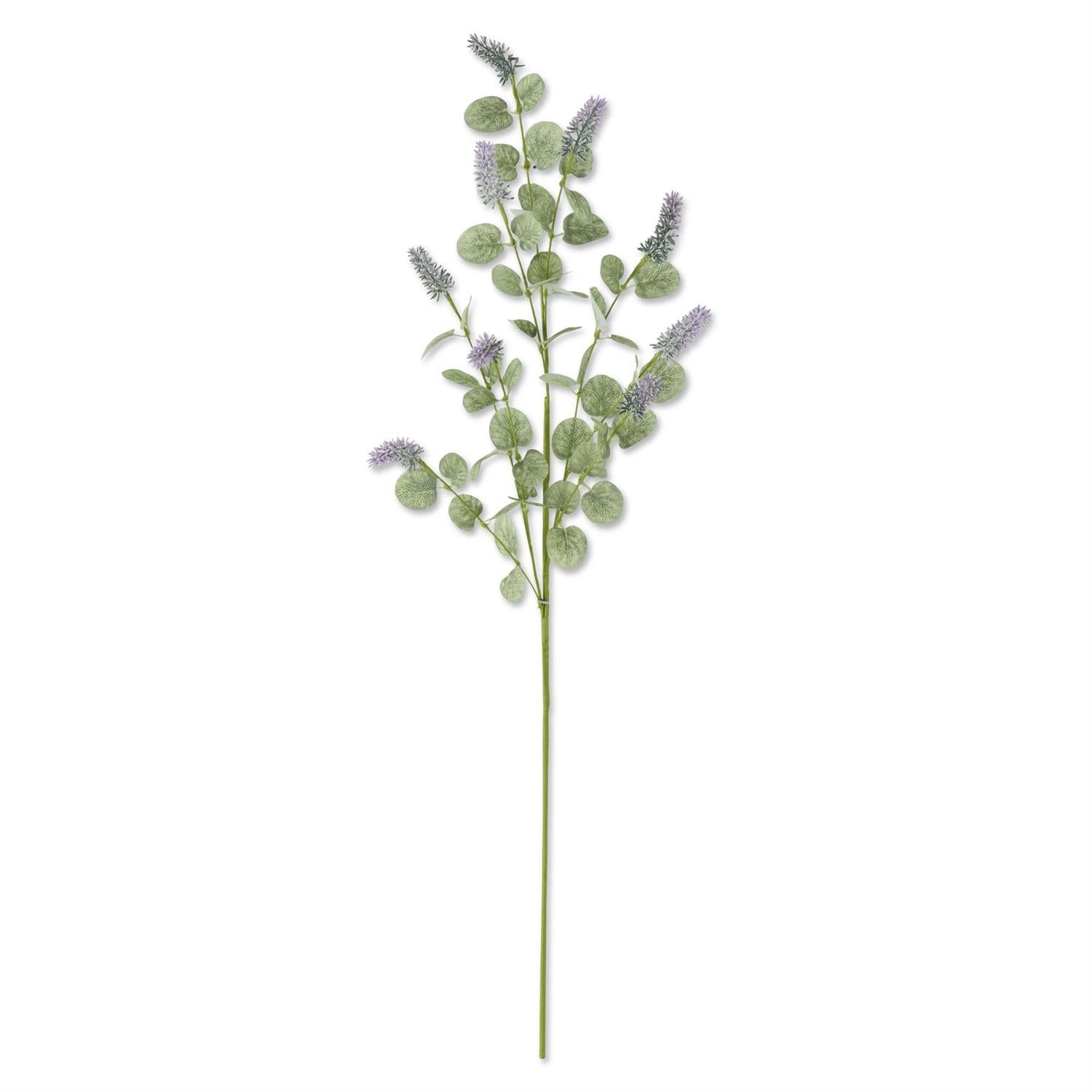 35 inch faux purple lavender stem with eucalyptus leaves, shown upright against a neutral background"