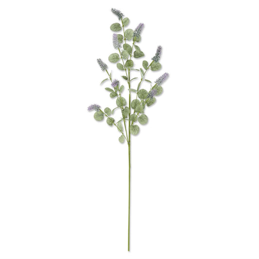 35 inch faux purple lavender stem with eucalyptus leaves, shown upright against a neutral background"