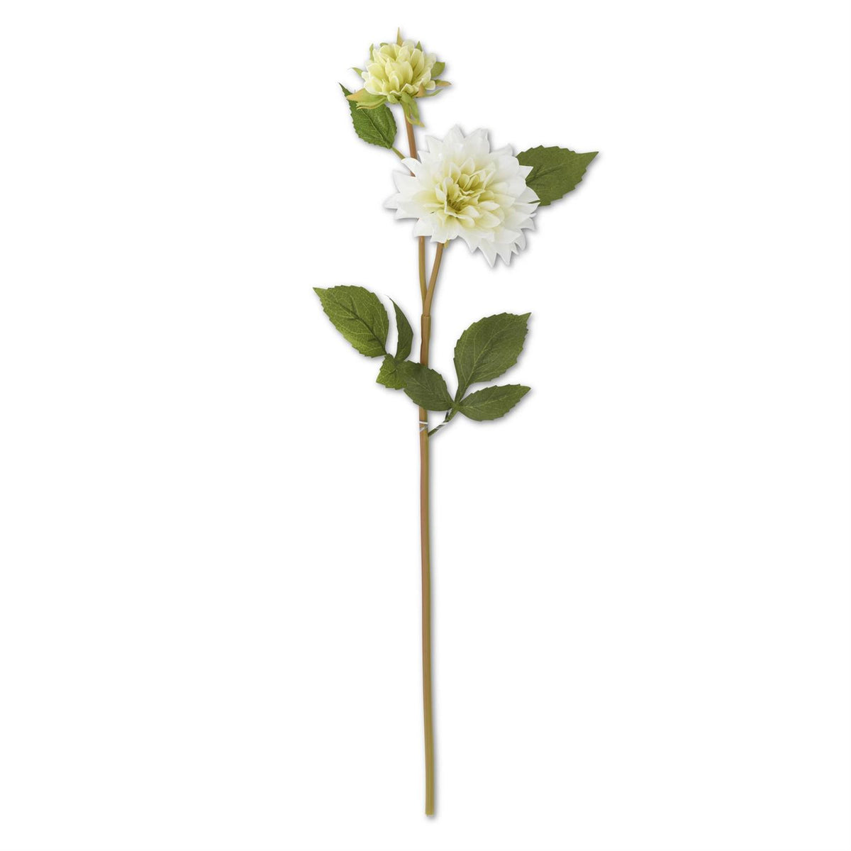 Cream faux dahlia stem, 24 inches, with open blossom, closed bud, and green leaves"