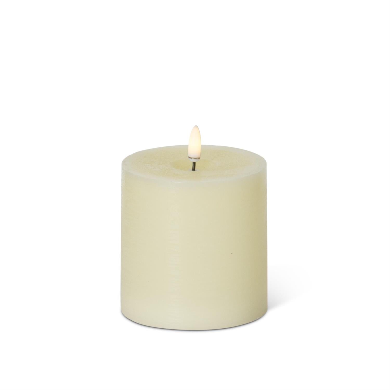 Cream touch LED pillar candle with timer, 4 by 4 inch size, featuring a realistic wax finish and warm flameless flickering light for safe and elegant home decor"