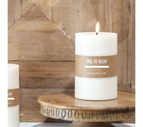 6 inch wide LED pillar candle with a realistic wax finish and warm flickering light, perfect for safe flameless ambiance in home decor and centerpieces"
