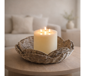 Grey wash willow scallop tray with a rustic woven texture and scalloped edges, perfect for home decor and display"