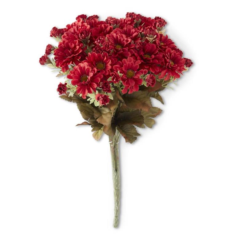15 inch burgundy artificial mum bush stem with full layered blooms, perfect for fall wreaths and floral arrangements"