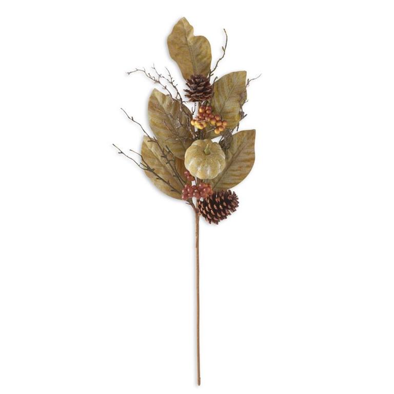 27-inch sage green magnolia stem with mini pumpkins, twigs, pinecones, and berries for fall wreaths