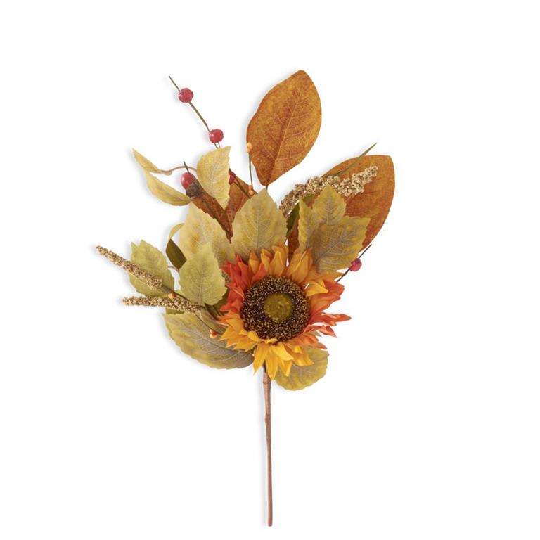 18 inch faux fall pick featuring an orange sunflower, autumn leaves, red berry spikes, and golden eva sprays on a single stem