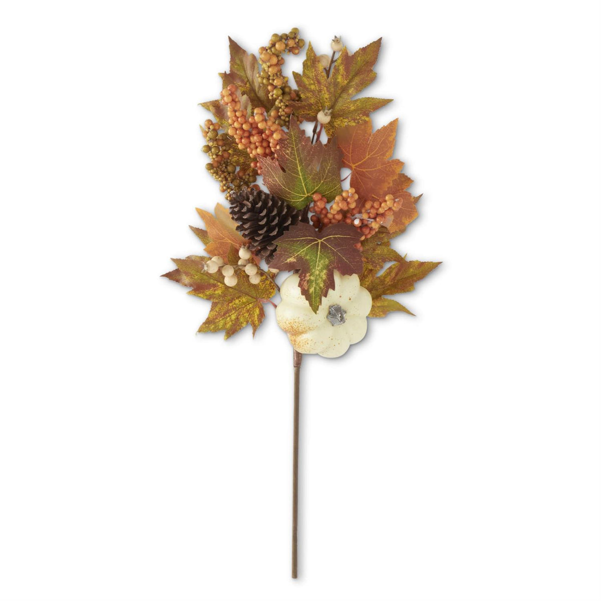 24-inch faux fall leaf and berry stem with white pumpkin, pinecone, and maple leaves in autumn orange, brown, and green tones