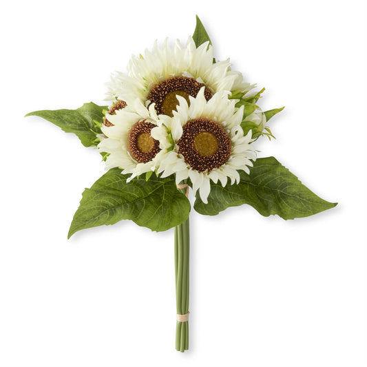 Bouquet of sunflowers with green leaves on a white background