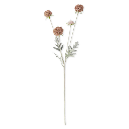 23.5-inch artificial pink scabiosa pod spray with dusty mauve pod heads and sage green foliage on a white background