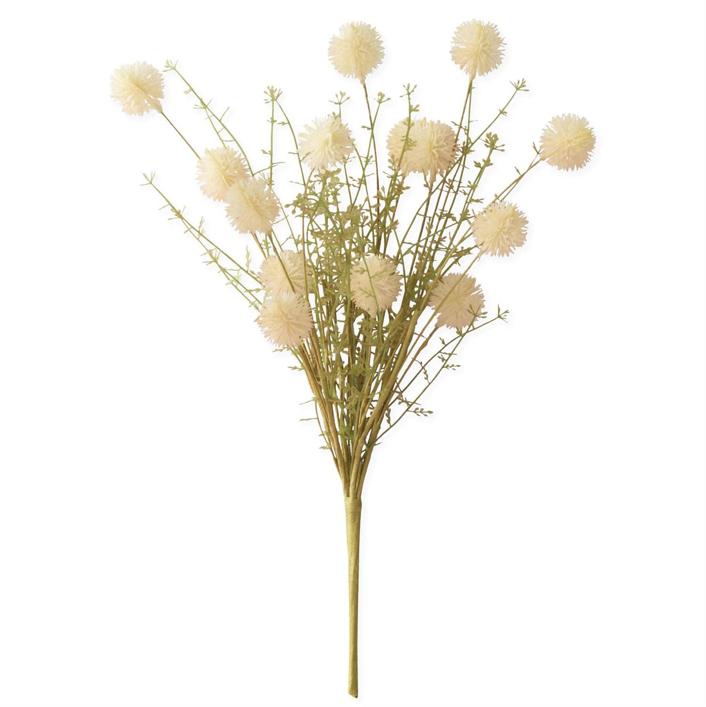 Bouquet of artificial flowers with beige spherical blooms on a white background
