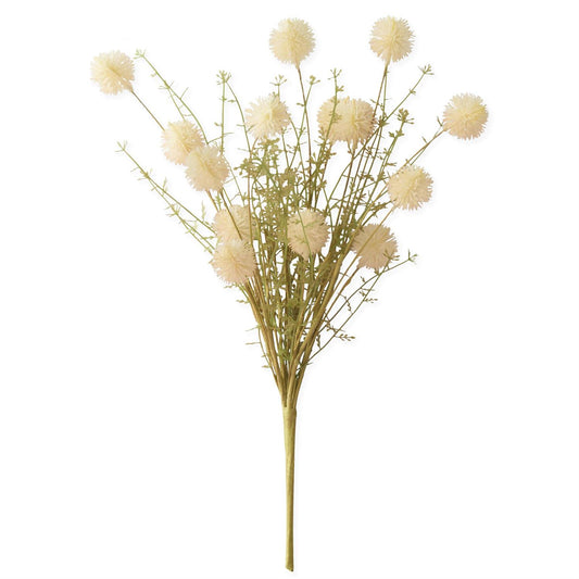 Bouquet of artificial flowers with beige spherical blooms on a white background