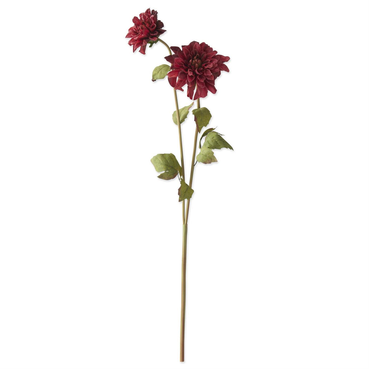 Burgundy faux dahlia stem, 24 inches, two open blossoms with green leaves