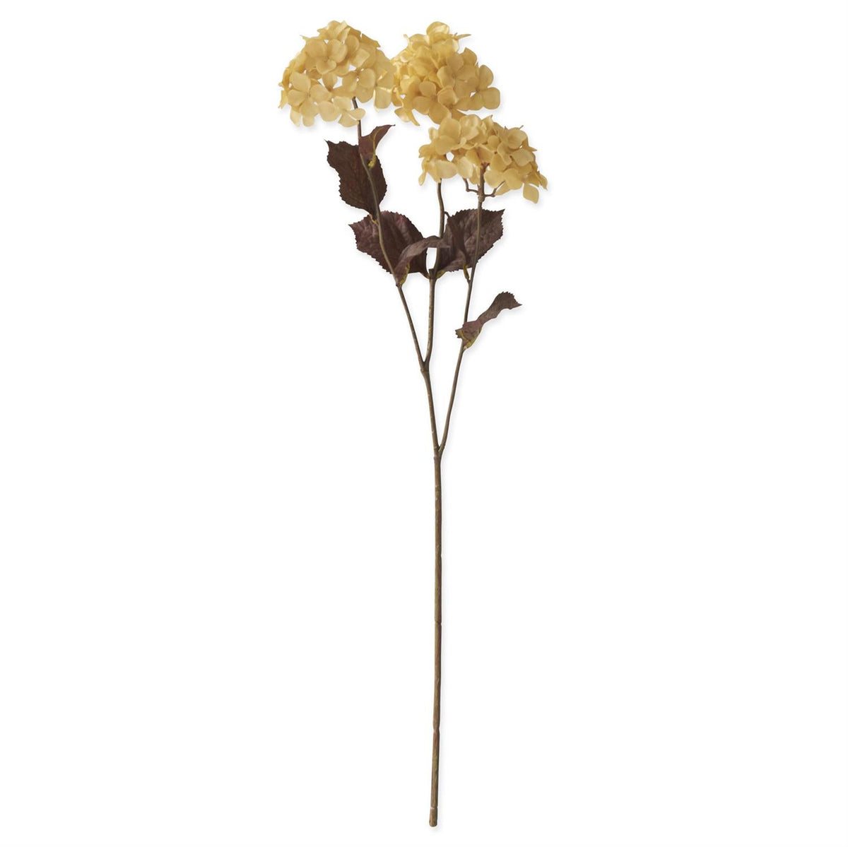 Cream faux dried hydrangea stem, 3 blooms with dark leaves, 30 inches tall