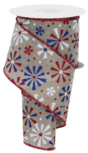 Charming vintage pinwheel ribbon in red, white, and royal blue on natural burlap. Wired edges for perfect bows. Ideal for Fourth of July wreaths and patriotic displays. 2.5" x 10 yards.