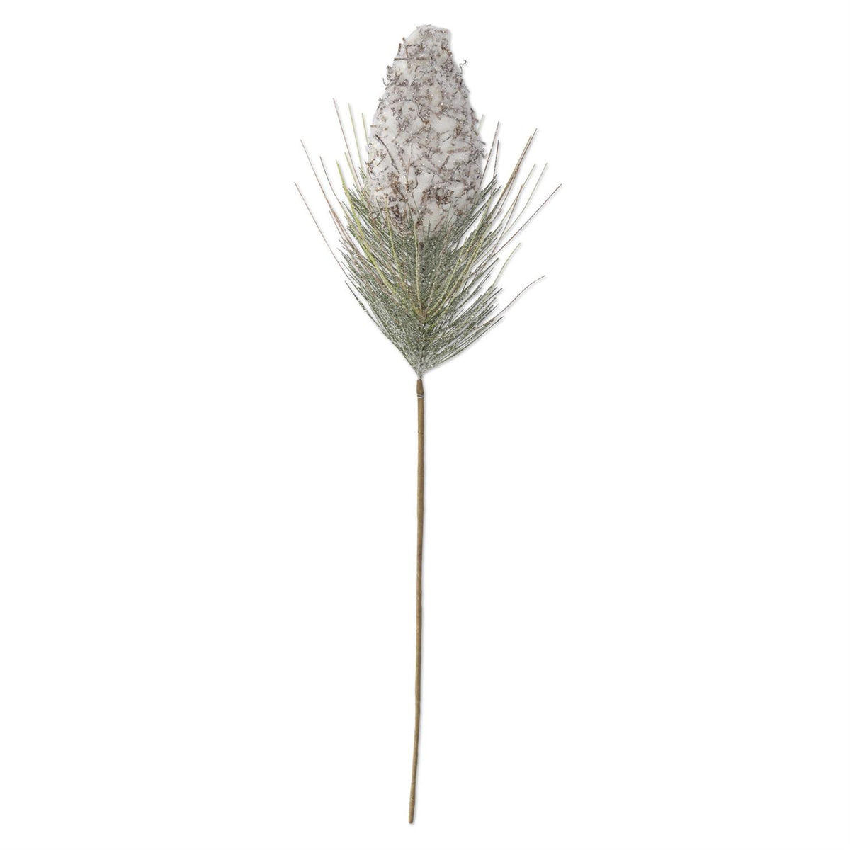 27.5-inch glittered snowy pinecone stem with one white-coated pinecone and long green pine needles