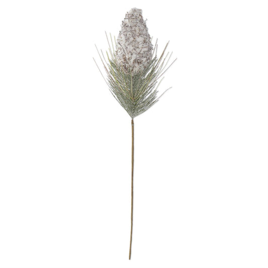 27.5-inch glittered snowy pinecone stem with one white-coated pinecone and long green pine needles