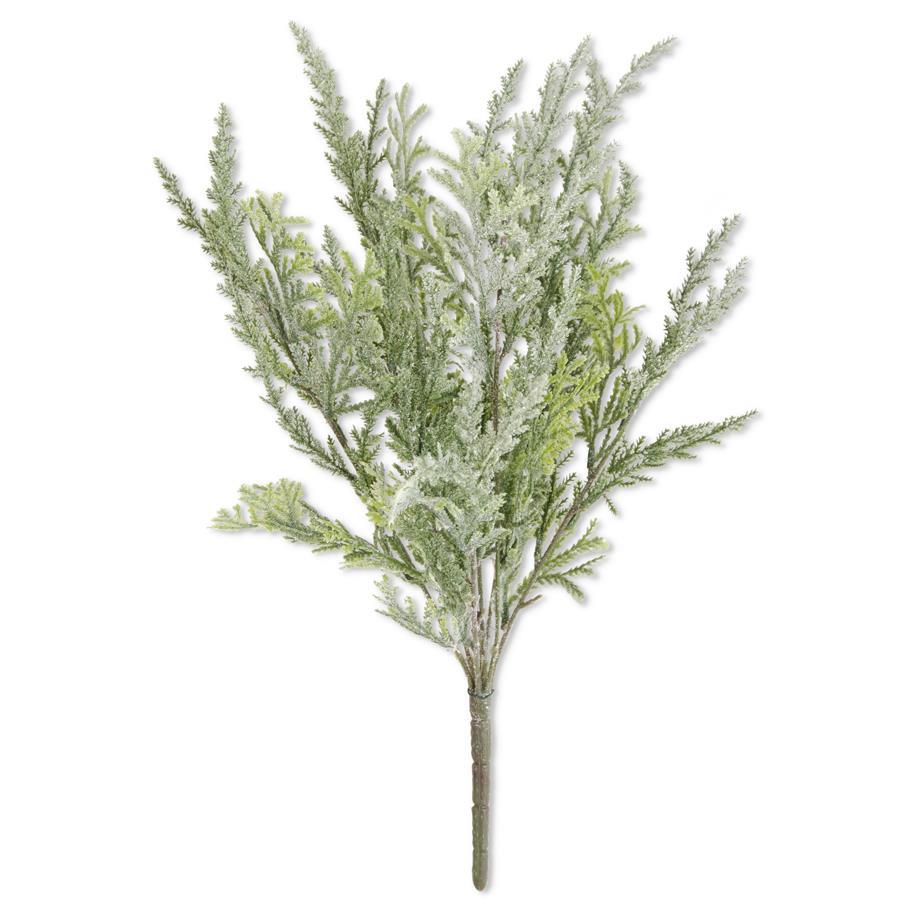 17.5-inch flocked cedar bush with multiple green foliage branches and snowy white flocking