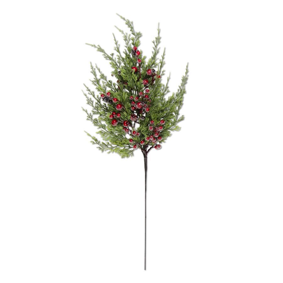 27-inch cypress pine stem with branching green foliage and clusters of dark red iced berries.”