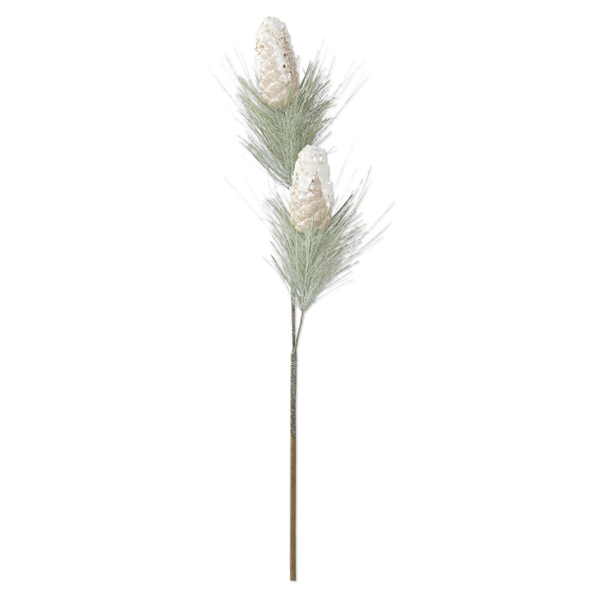 32-inch pinecone spray with two pale gold glittered pinecones, sequin accents, and fine pine needles.”