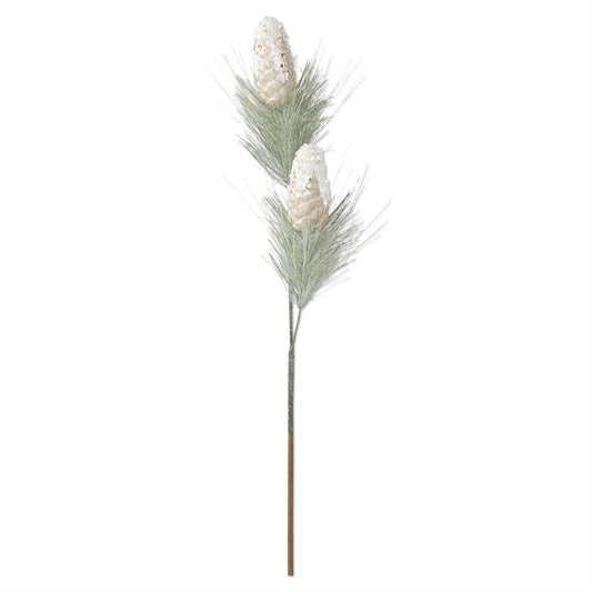 32-inch pinecone spray with two pale gold glittered pinecones, sequin accents, and fine pine needles.”