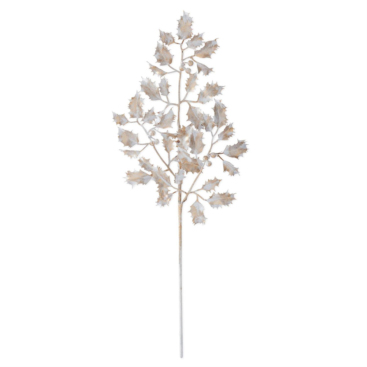 25-inch white and gold holly stem with pointed leaves and small round berry accents.”