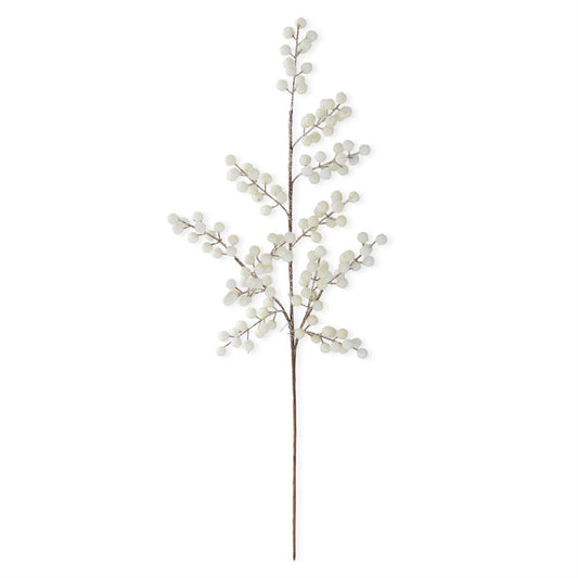 30-inch glittered white berry stem with round white berries on slender brown branches.”