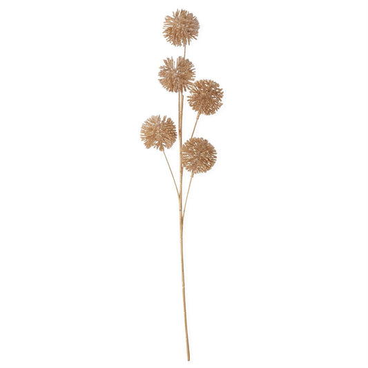 26-inch gold glittered ball stem with five textured, spiky gold balls on slender branches.”
