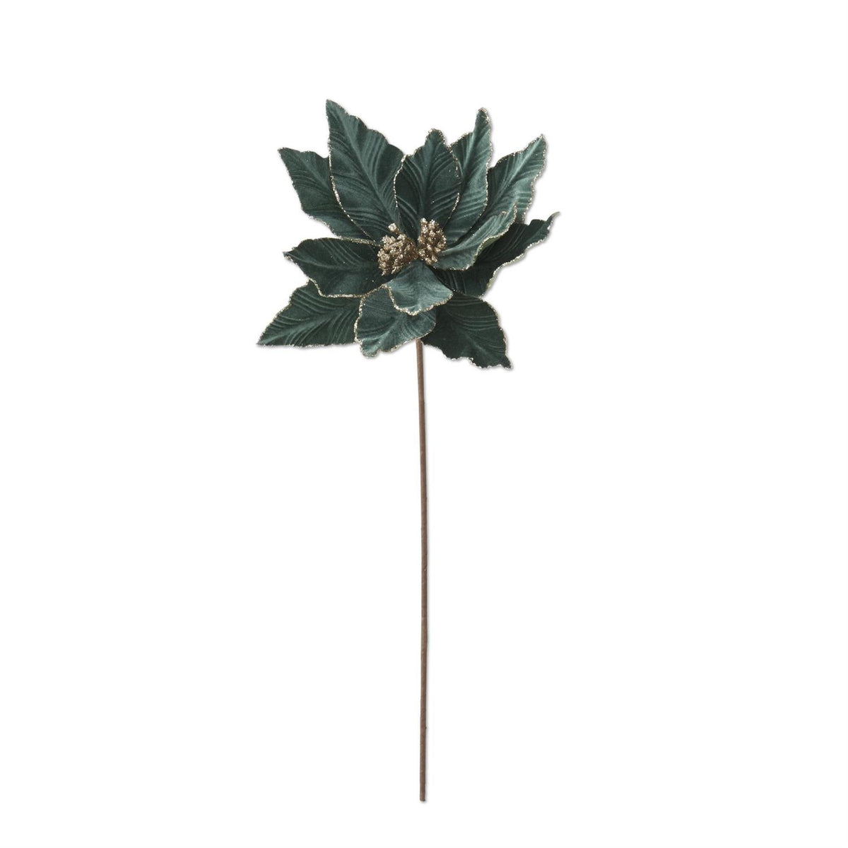 20-inch dusty green poinsettia stem with layered petals, shimmering edges, and a gold-toned center.”